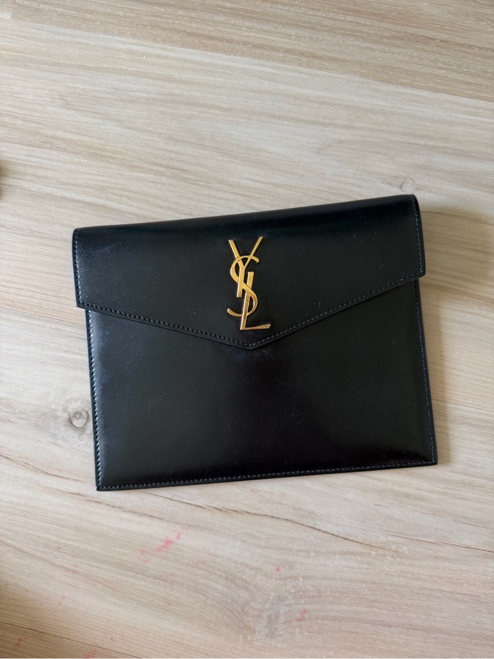 Saint Laurent Black Leather Envelope Wallet with Gold YSL Emblem